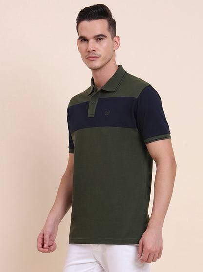 Olive & Navy Blue Striped Slim Fit Polo T-Shirt | Greenfibre