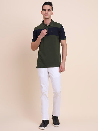 Olive & Navy Blue Striped Slim Fit Polo T-Shirt | Greenfibre