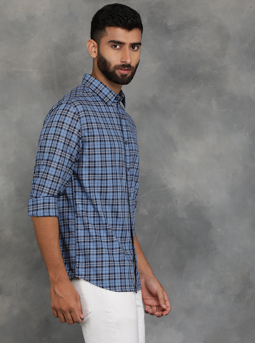 Blue Checked Slim Fit Casual Shirt | GreenFibre