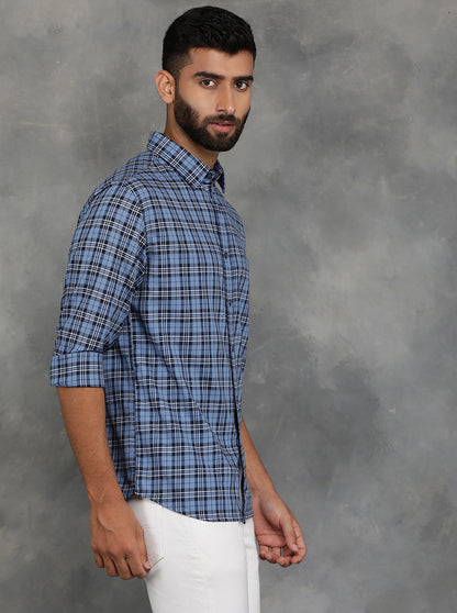 Blue Checked Slim Fit Casual Shirt | GreenFibre