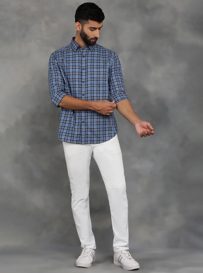 Blue Checked Slim Fit Casual Shirt | GreenFibre
