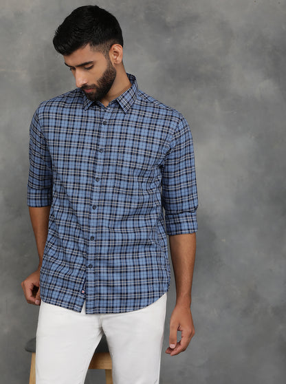 Blue Checked Slim Fit Casual Shirt | GreenFibre