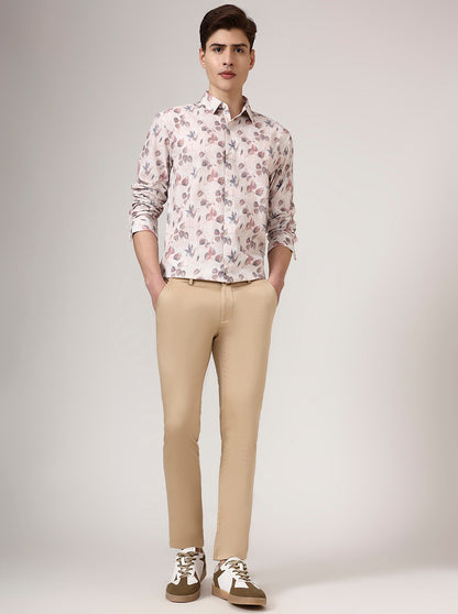 Beige Printed Slim Fit Casual Shirt | Greenfibre