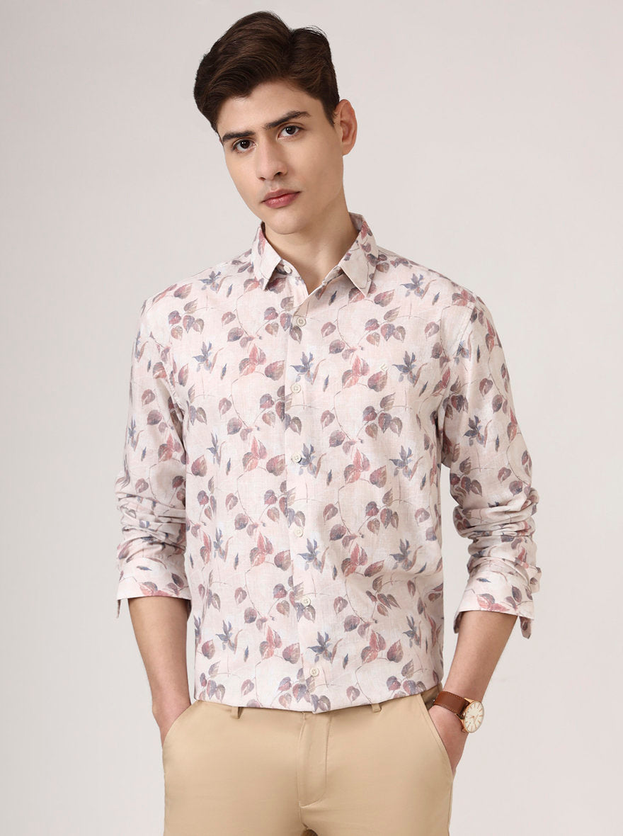 Beige Printed Slim Fit Casual Shirt | Greenfibre
