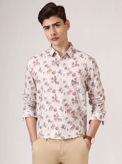 Beige Printed Slim Fit Casual Shirt | Greenfibre