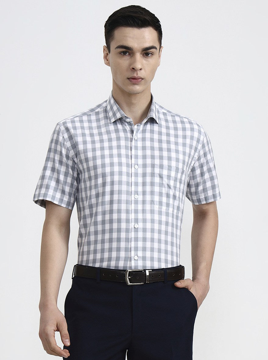 White & Grey Checked Regular Fit Formal Shirt | JadeBlue