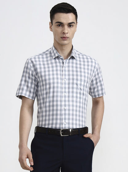 White & Grey Checked Regular Fit Formal Shirt | JadeBlue