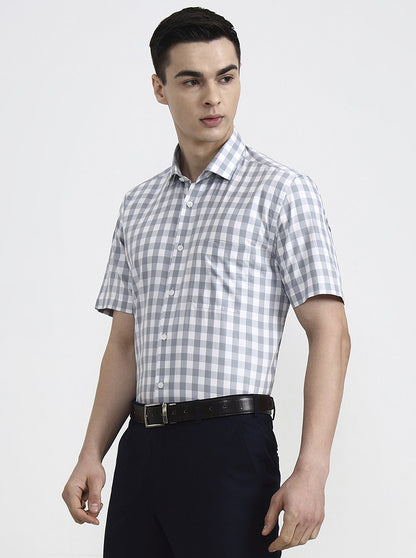 White & Grey Checked Regular Fit Formal Shirt | JadeBlue