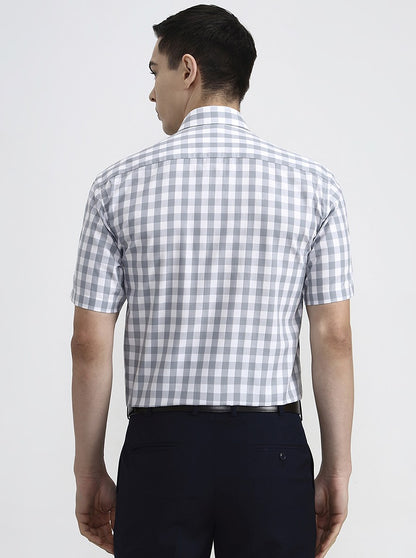 White & Grey Checked Regular Fit Formal Shirt | JadeBlue