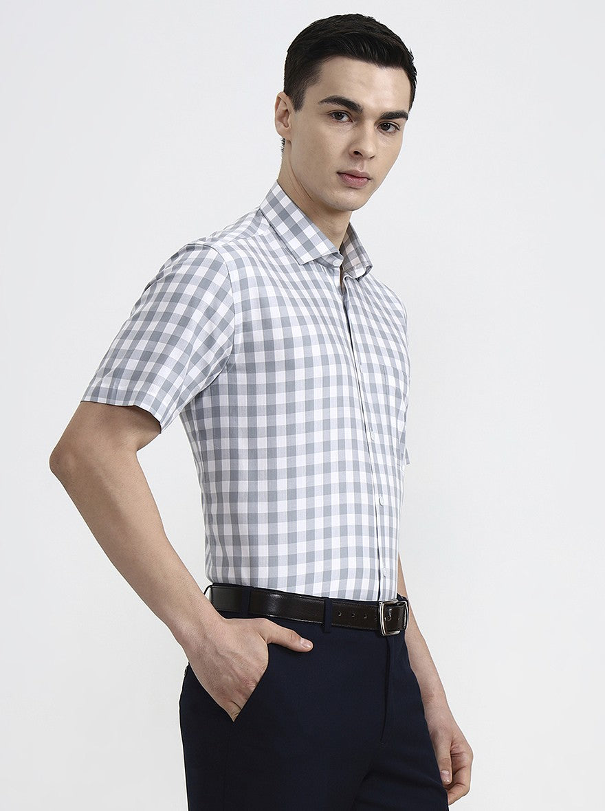 White & Grey Checked Regular Fit Formal Shirt | JadeBlue