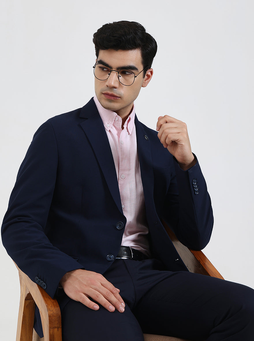 Navy Blue Solid Regular Fit Blazer | Wyre