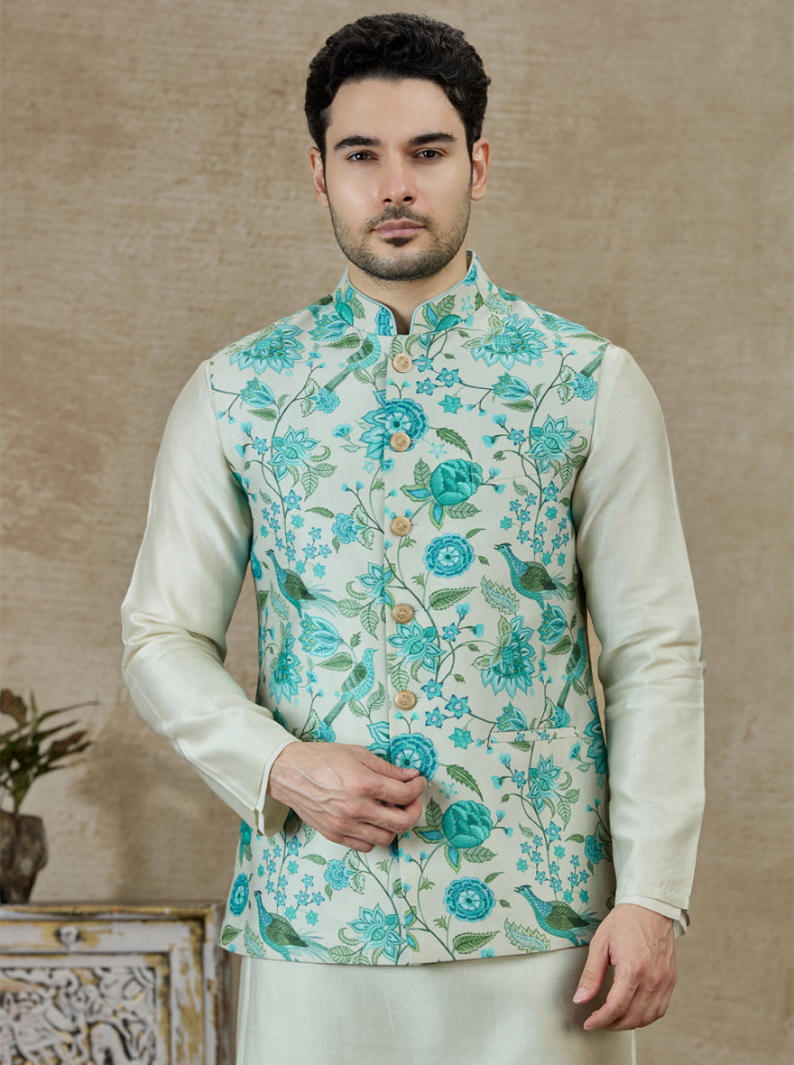 Aqua Green Printed Kurta Pajama with Koti | TULA