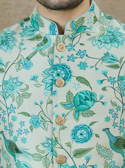 Aqua Green Printed Kurta Pajama with Koti | TULA