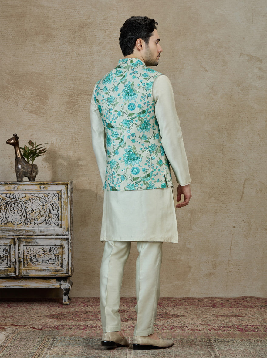 Aqua Green Printed Kurta Pajama with Koti | TULA