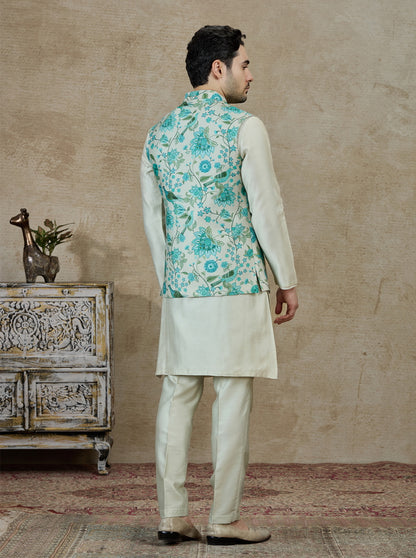 Aqua Green Printed Kurta Pajama with Koti | TULA