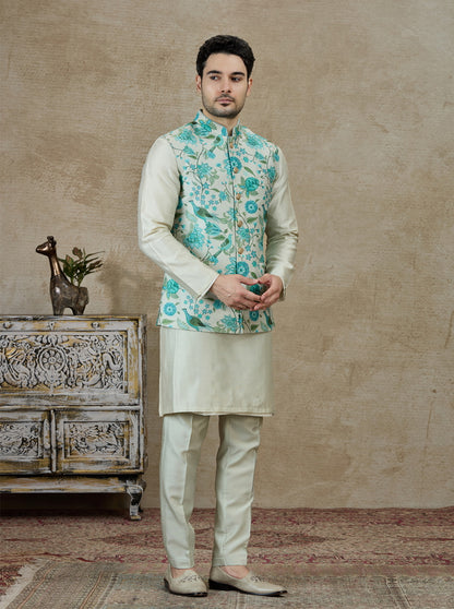 Aqua Green Printed Kurta Pajama with Koti | TULA