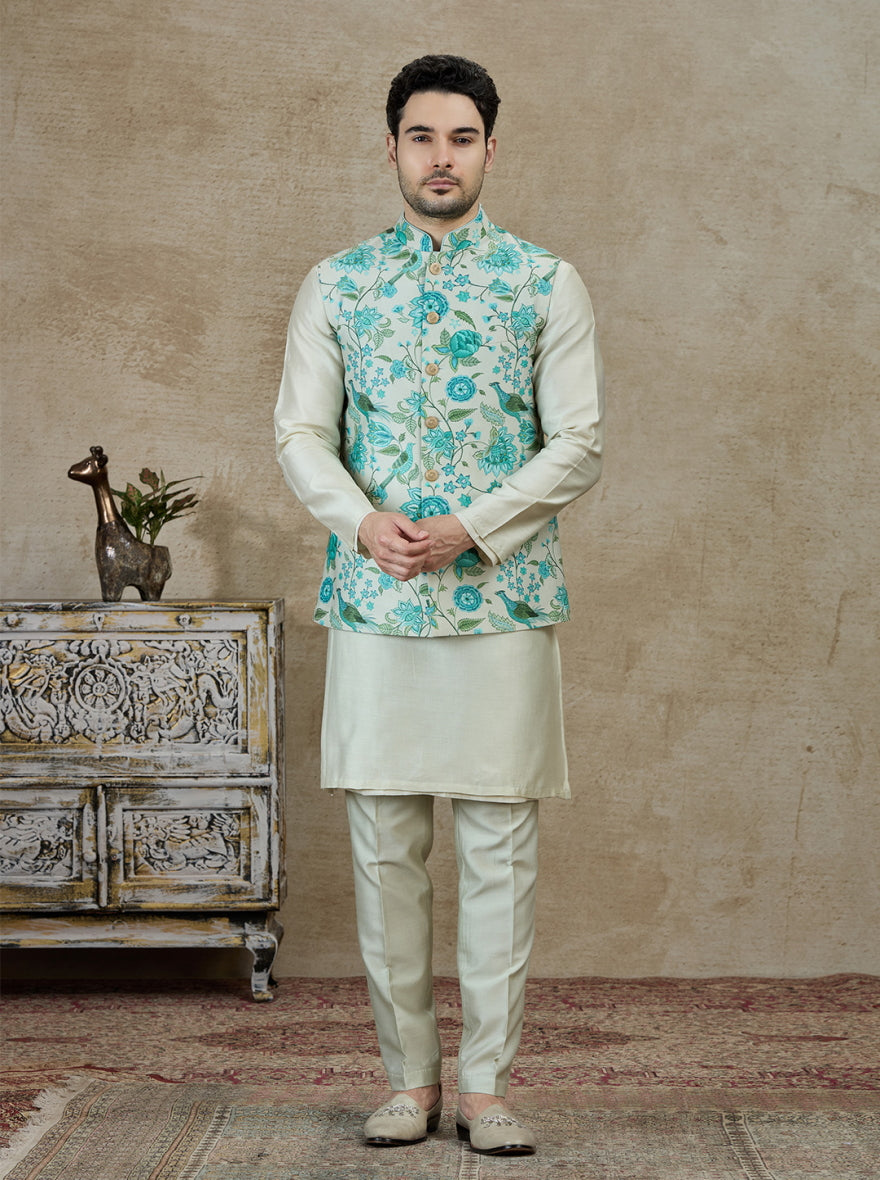 Aqua Green Printed Kurta Pajama with Koti | TULA