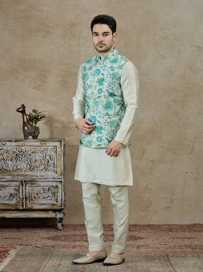 Aqua Green Printed Kurta Pajama with Koti | TULA