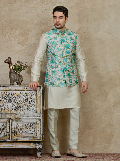 Aqua Green Printed Kurta Pajama with Koti | TULA
