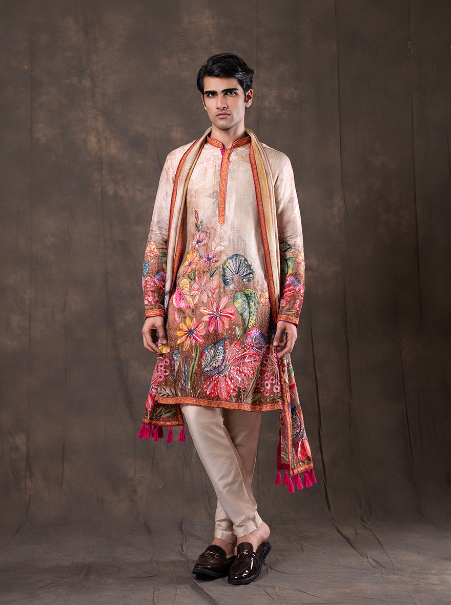 Beige & Multicolor Printed  Kurta Pajama | Virasana