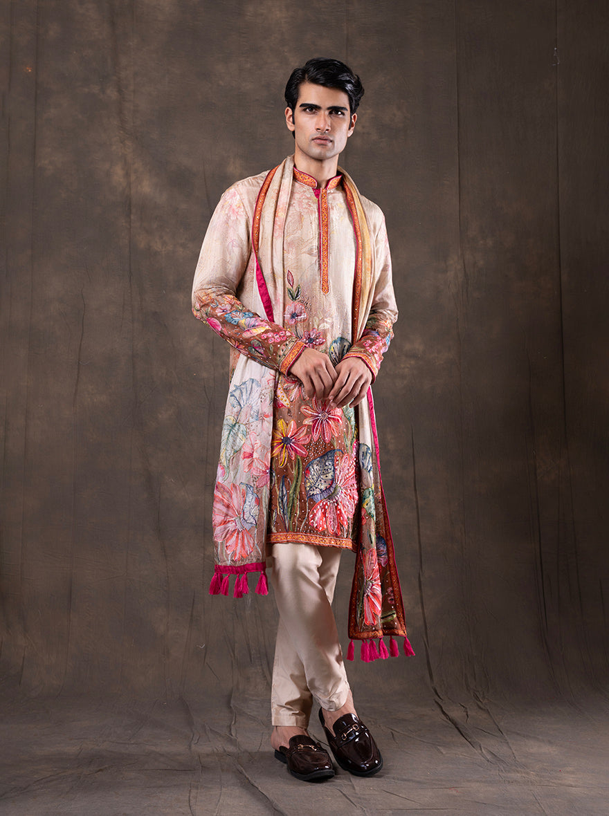 Beige & Multicolor Printed  Kurta Pajama | Virasana