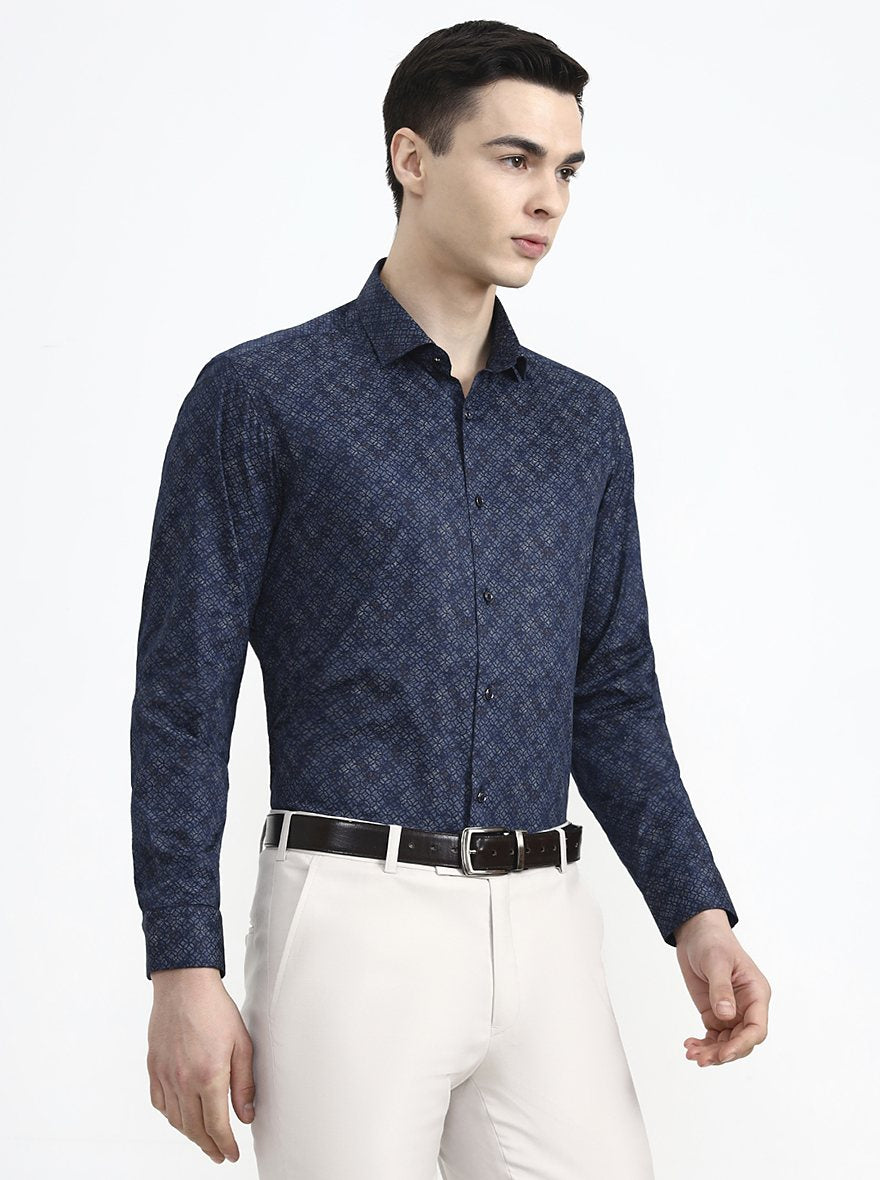 Blue Printed Slim Fit Party Wear Shirt | Greenfibre