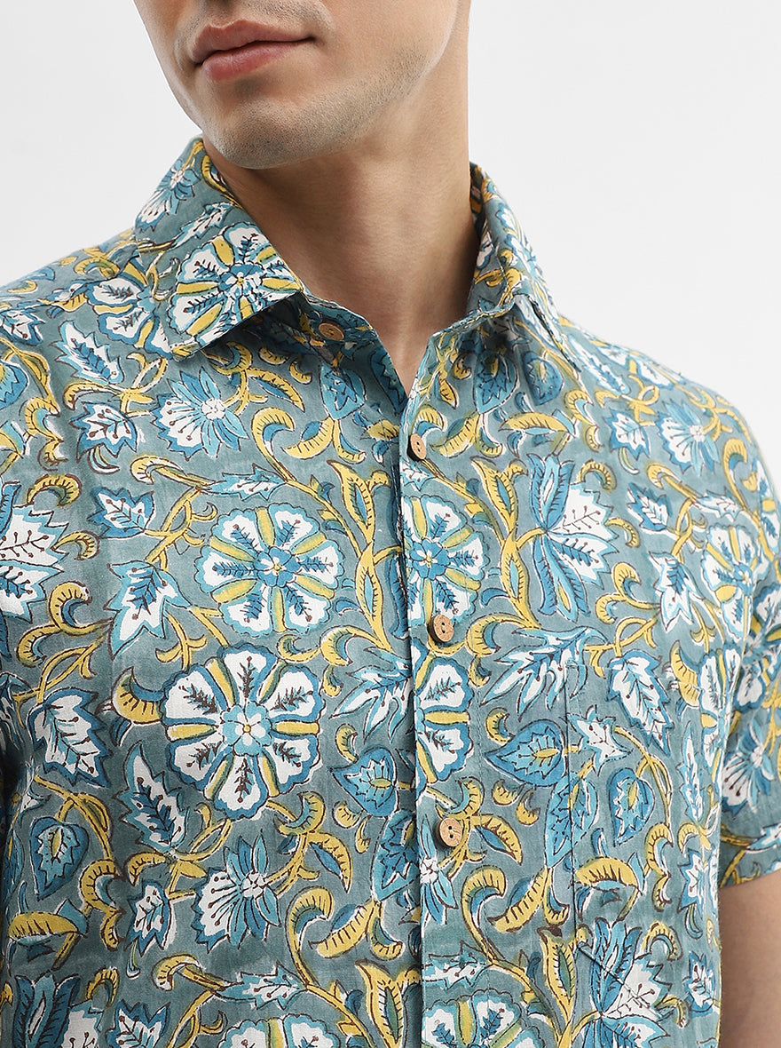 Green Printed Slim Fit Casual Shirt | JadeBlue