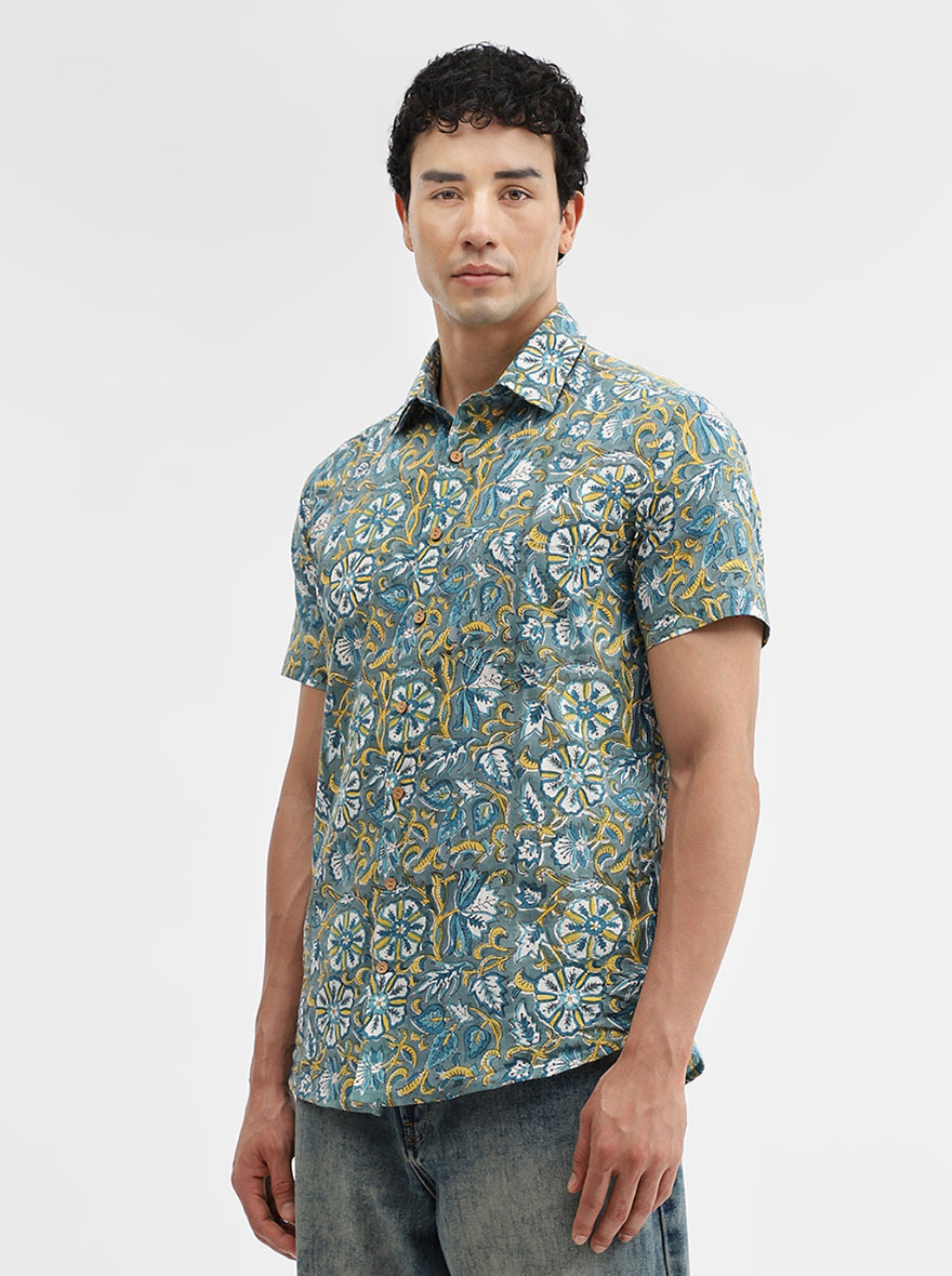 Green Printed Slim Fit Casual Shirt | JadeBlue
