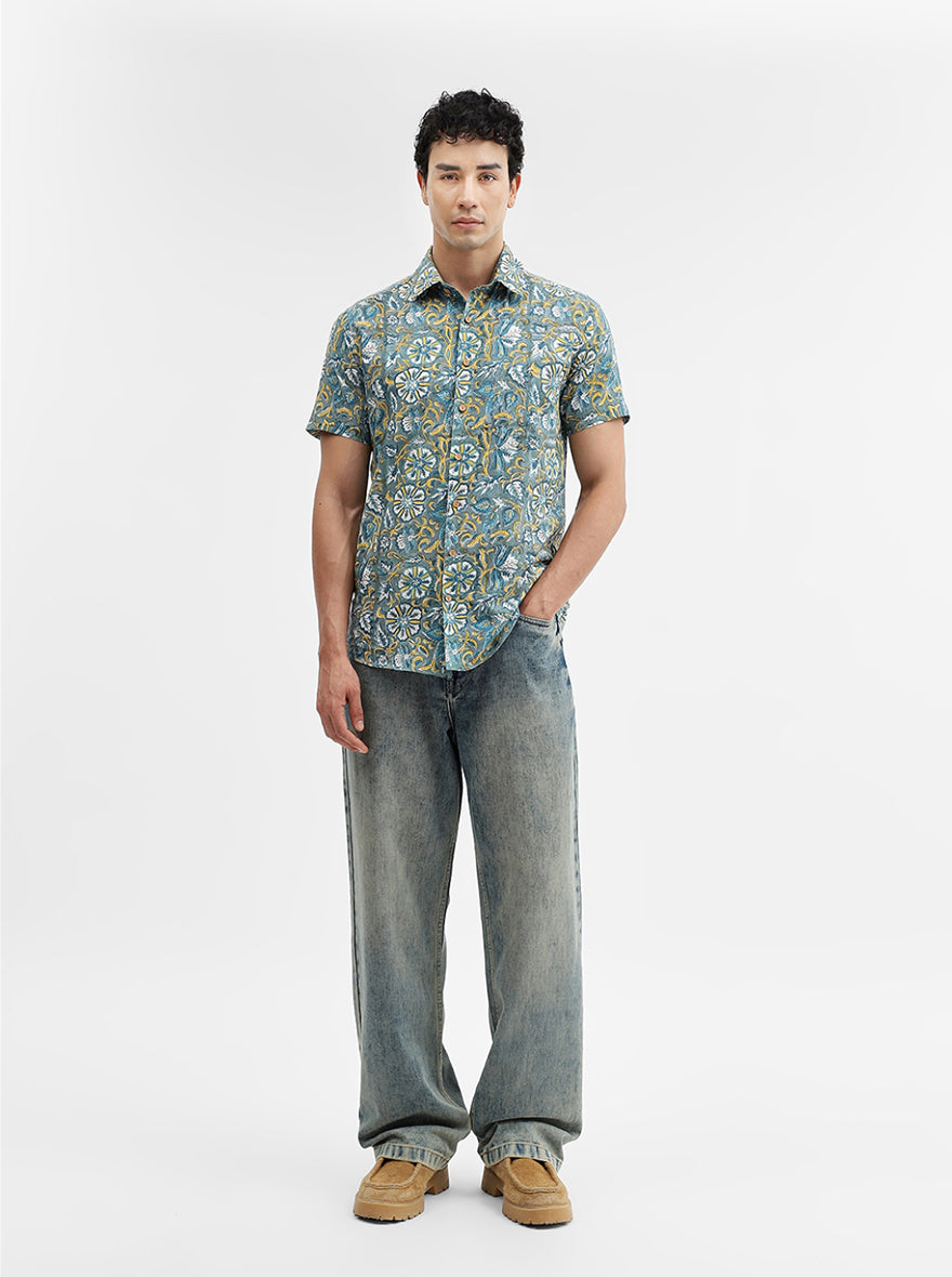 Green Printed Slim Fit Casual Shirt | JadeBlue