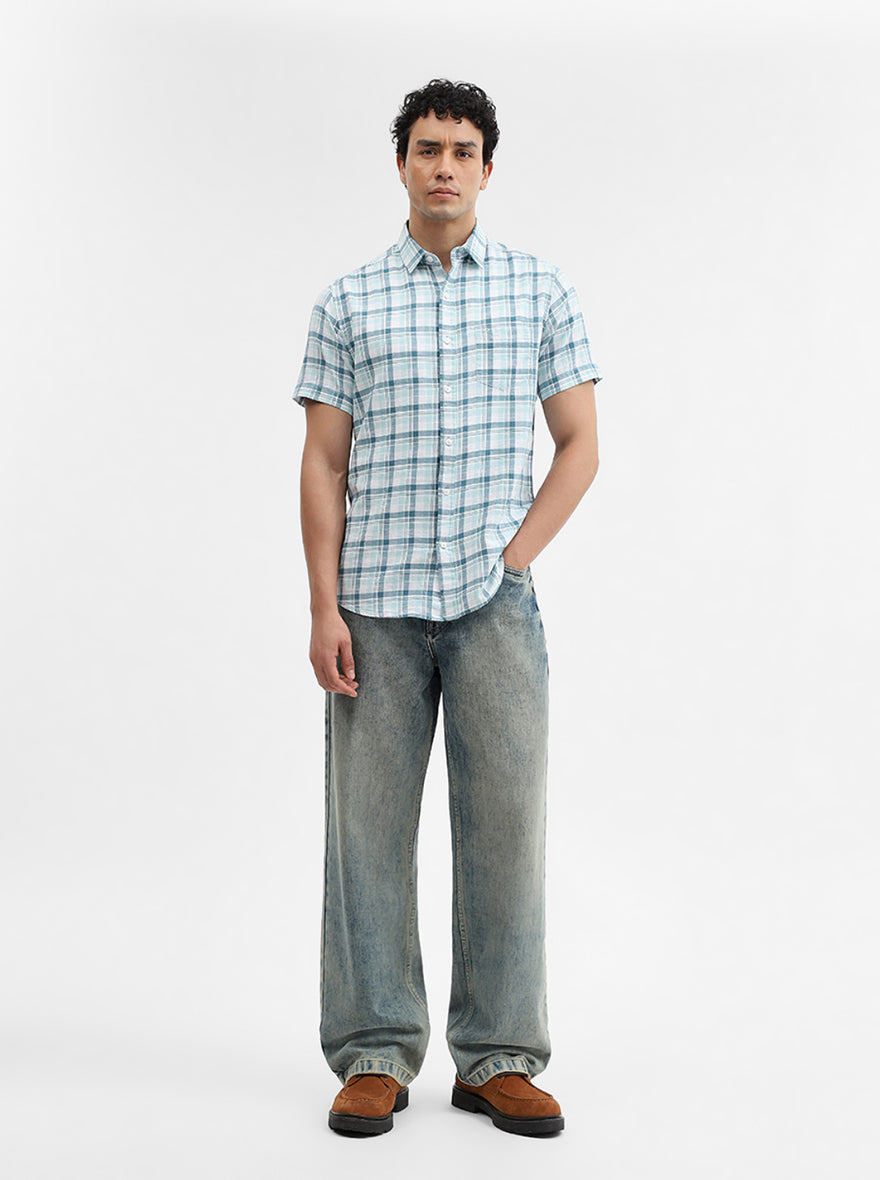 Blue Checked Slim Fit Casual Shirt | JadeBlue