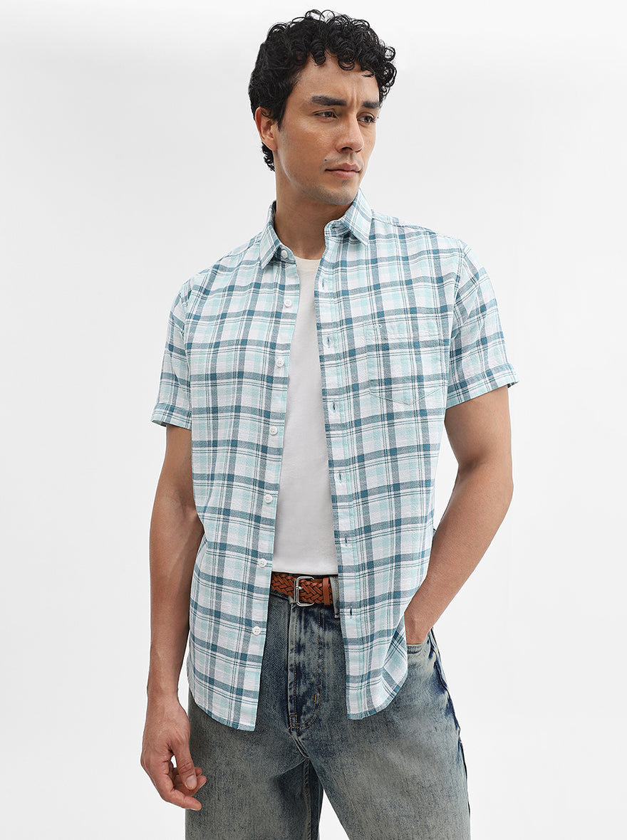 Blue Checked Slim Fit Casual Shirt | JadeBlue