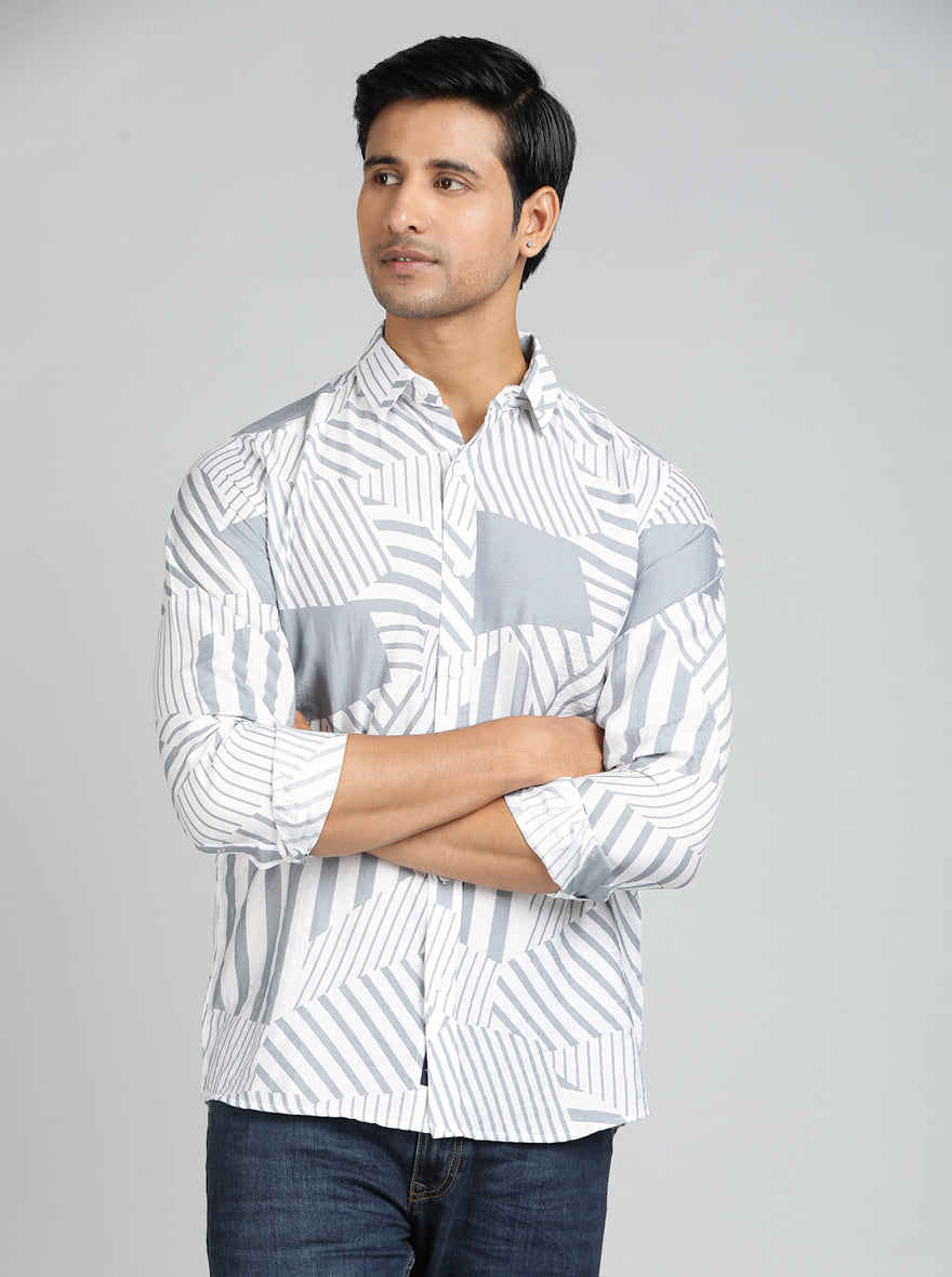 Light Grey Printed Slim Fit Casual Shirt | JadeBlue
