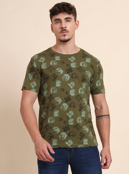 Olive Grey Printed Slim Fit T-Shirt | Greenfibre