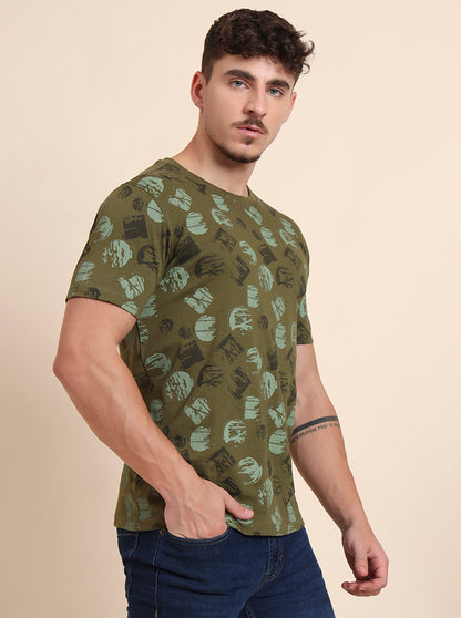 Olive Grey Printed Slim Fit T-Shirt | Greenfibre