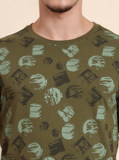 Olive Grey Printed Slim Fit T-Shirt | Greenfibre