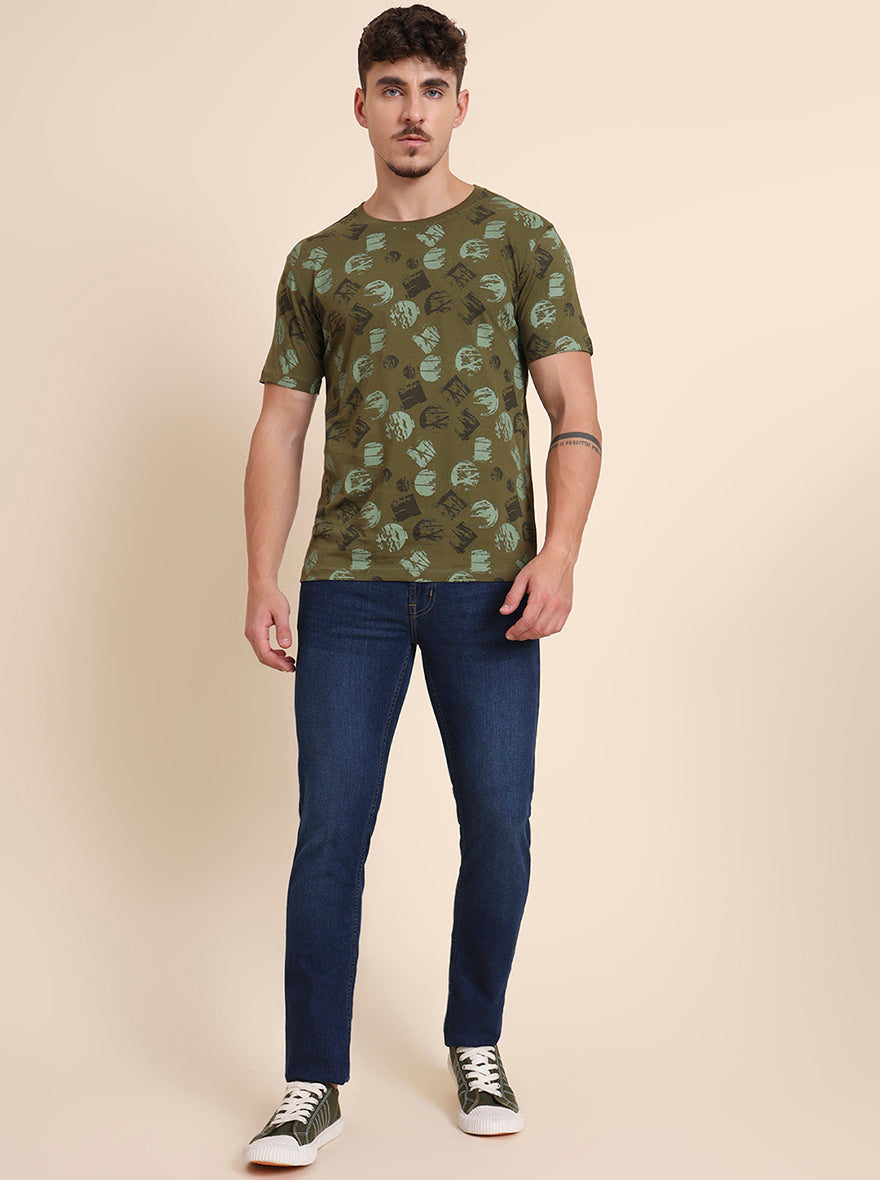 Olive Grey Printed Slim Fit T-Shirt | Greenfibre
