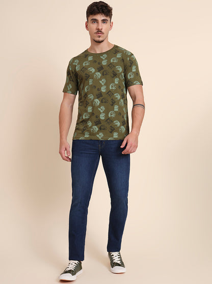 Olive Grey Printed Slim Fit T-Shirt | Greenfibre
