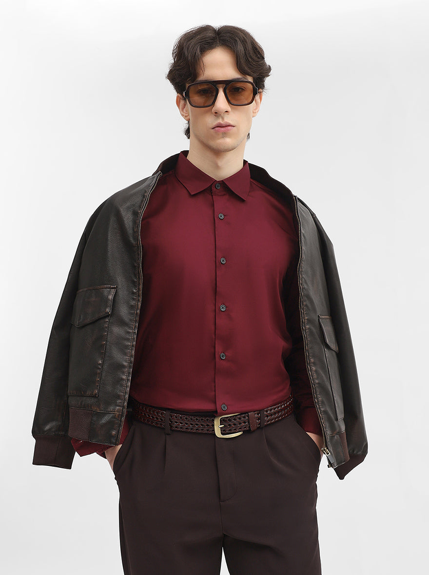 Wine Solid Slim Fit Casual Shirt | JadeBlue
