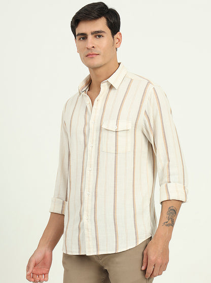 Beige Striped Slim Fit Casual Shirt | Greenfibre