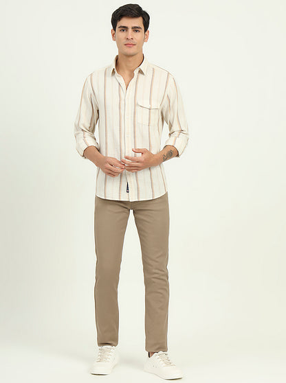 Beige Striped Slim Fit Casual Shirt | Greenfibre