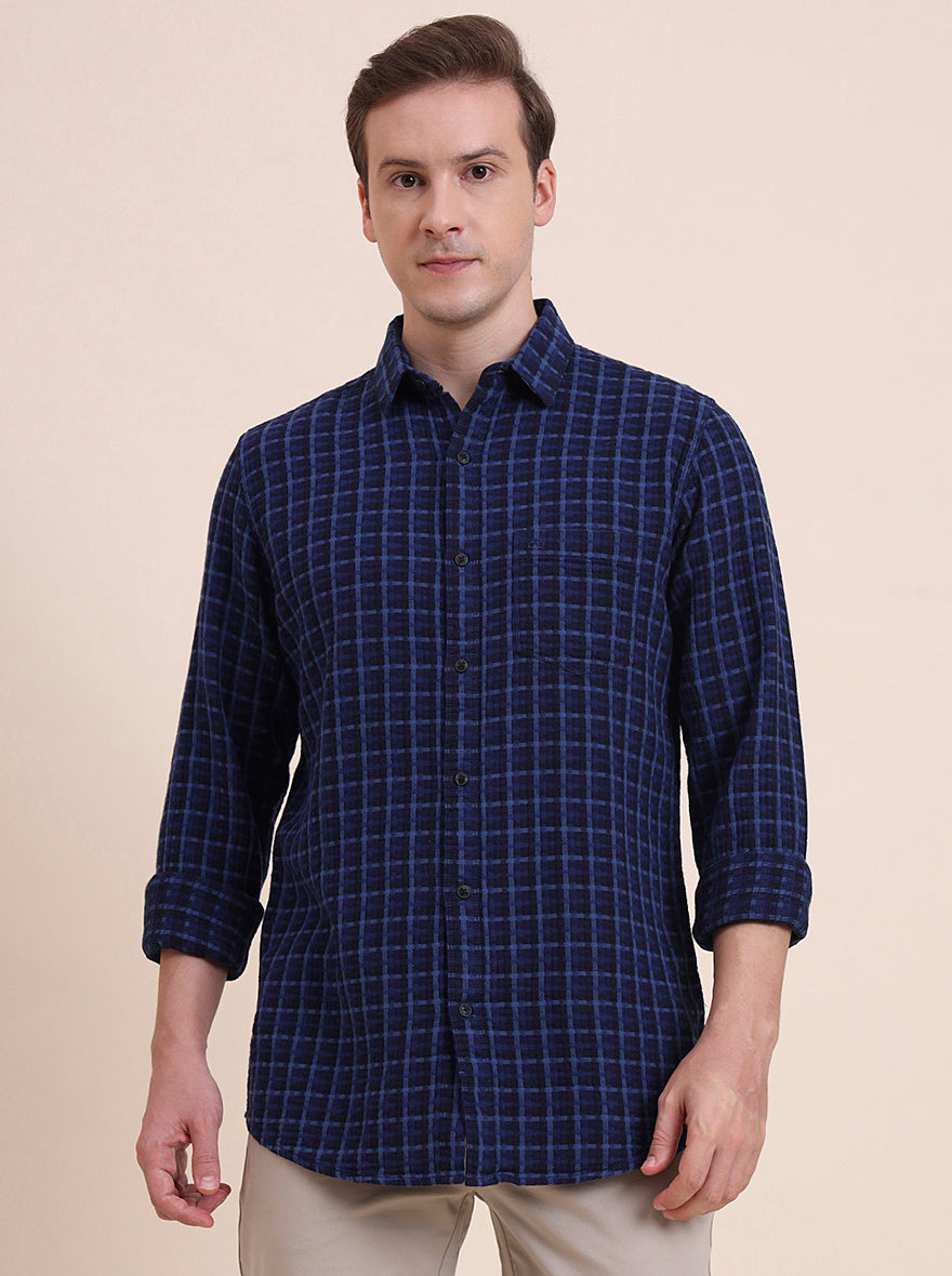 Navy Blue Checked Slim Fit Casual Shirt | JadeBlue