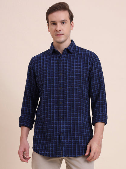 Navy Blue Checked Slim Fit Casual Shirt | JadeBlue