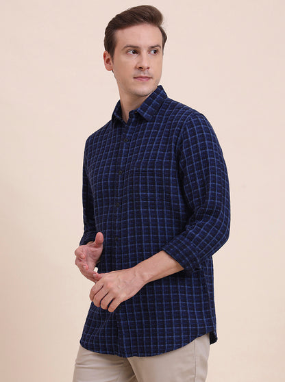 Navy Blue Checked Slim Fit Casual Shirt | JadeBlue