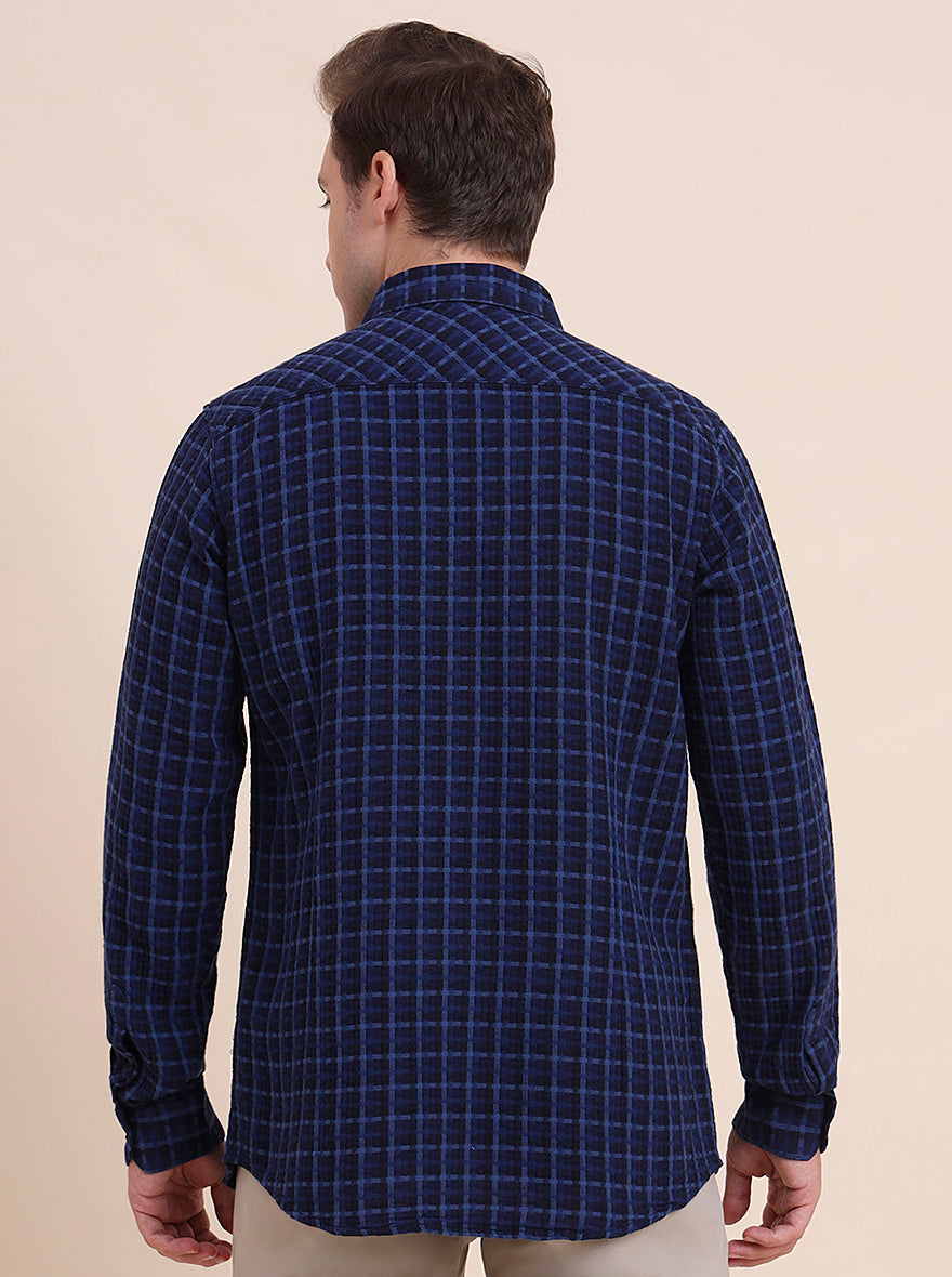 Navy Blue Checked Slim Fit Casual Shirt | JadeBlue