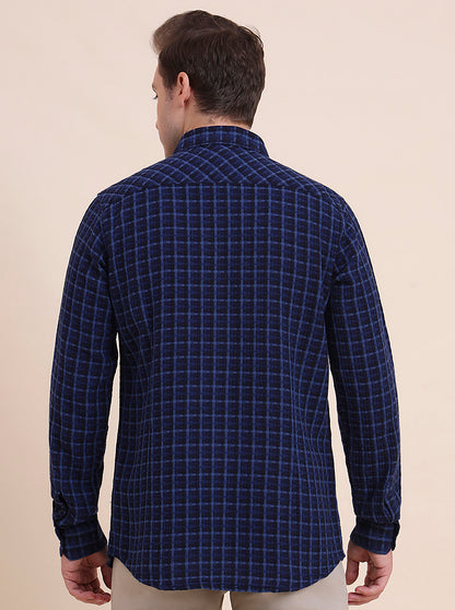 Navy Blue Checked Slim Fit Casual Shirt | JadeBlue
