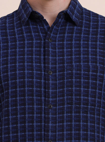 Navy Blue Checked Slim Fit Casual Shirt | JadeBlue