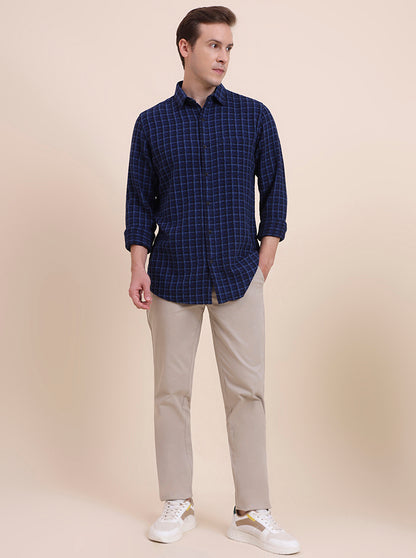 Navy Blue Checked Slim Fit Casual Shirt | JadeBlue