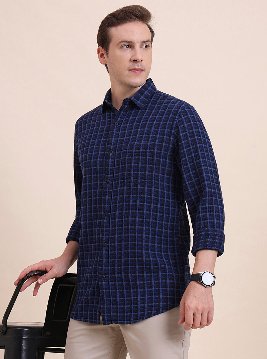 Navy Blue Checked Slim Fit Casual Shirt | JadeBlue