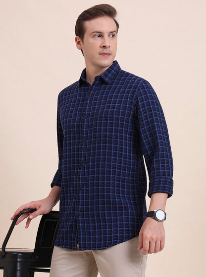 Navy Blue Checked Slim Fit Casual Shirt | JadeBlue