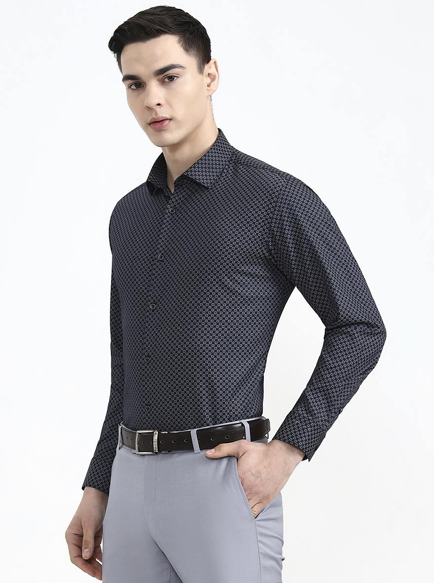 Navy Blue Printed Slim Fit Party Wear Shirt | Greenfibre